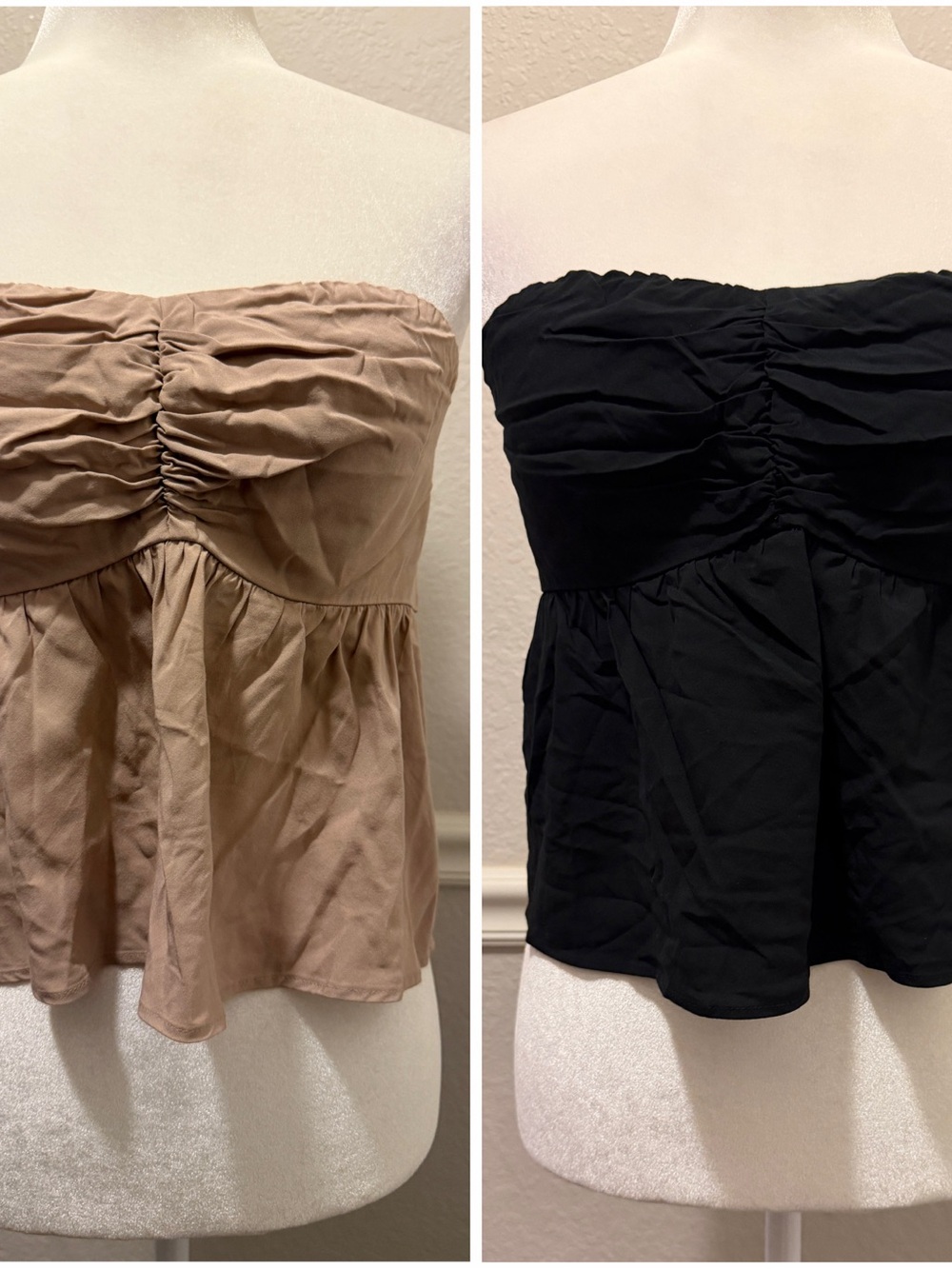 Strapless Ruched Peplum Dress Top in Tan and Black Bundle Size Small NWOPT